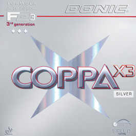 Donic Coppa X3 Silver - Produkt und Verpackung gemeinsam abgebildet